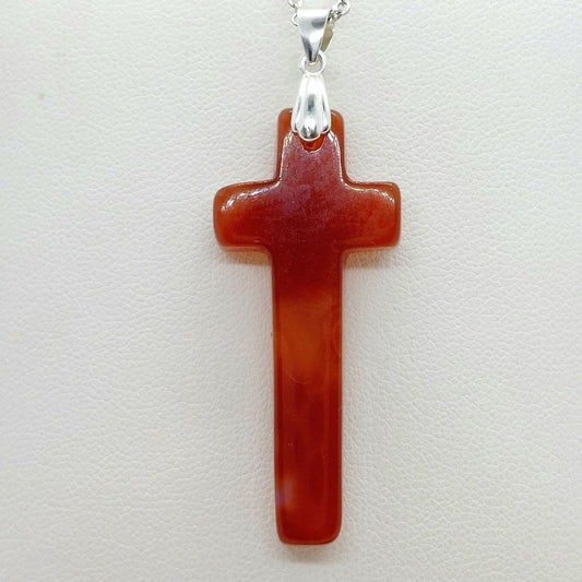 Natural Red Agate Cross Pendant - Stainless Steel Chain Necklace