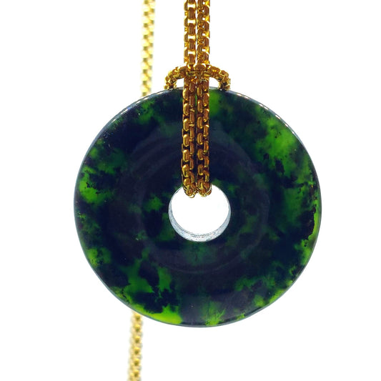 Natural Black & Green Hetian Jade Pendant - Stainless Steel Chain Necklace