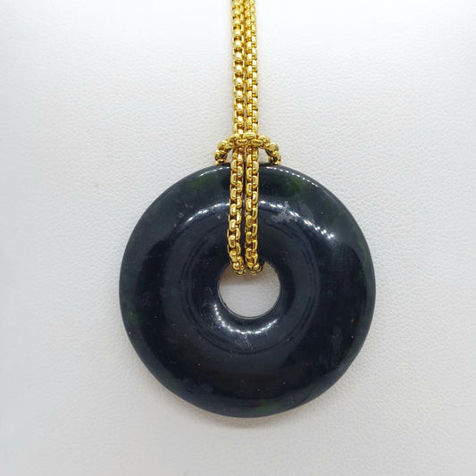 Natural Black & Green Hetian Jade Pendant - Stainless Steel Chain Necklace