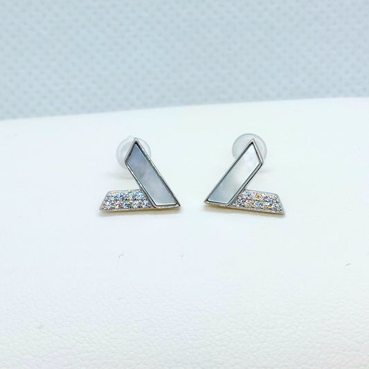 Shell and Zircon V Stud Earrings - Sterling Silver
