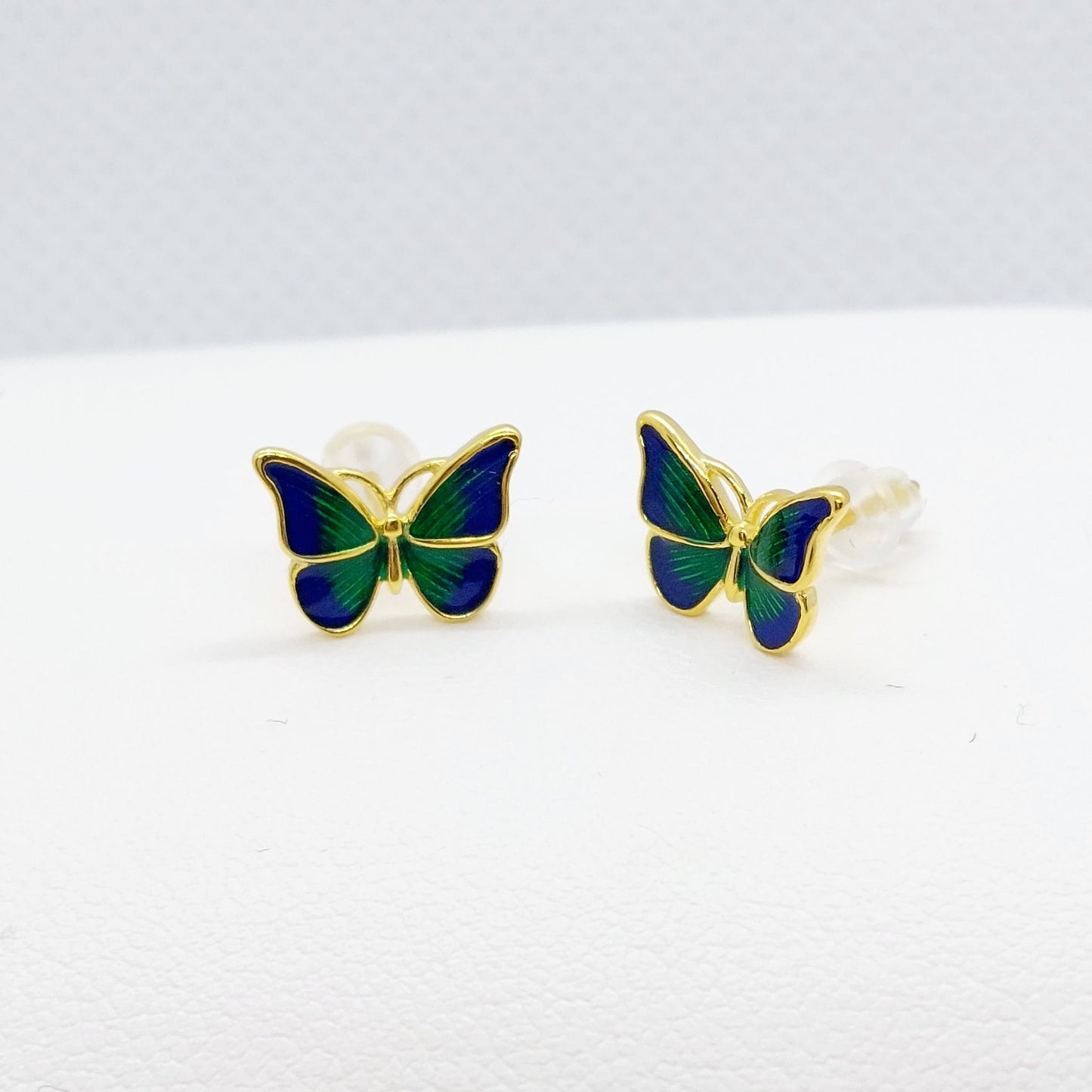 Blue & Green Enamel Butterfly Stud Earrings - Sterling Silver Gold Plated