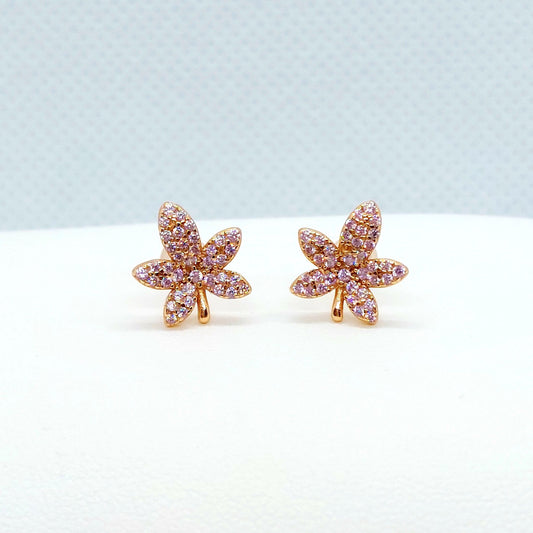 Maple Leaf with Pink Zircon Stud Earrings - Sterling Silver Rose Gold Plated