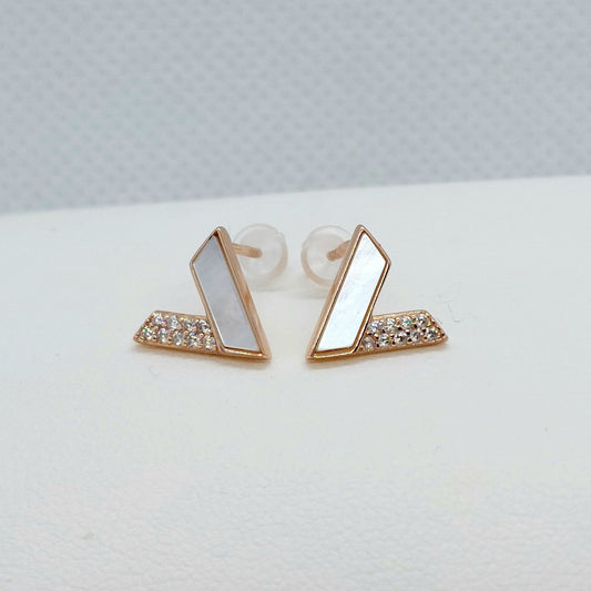 Shell and Zircon V Stud Earrings - Sterling Silver Rose Gold Plated