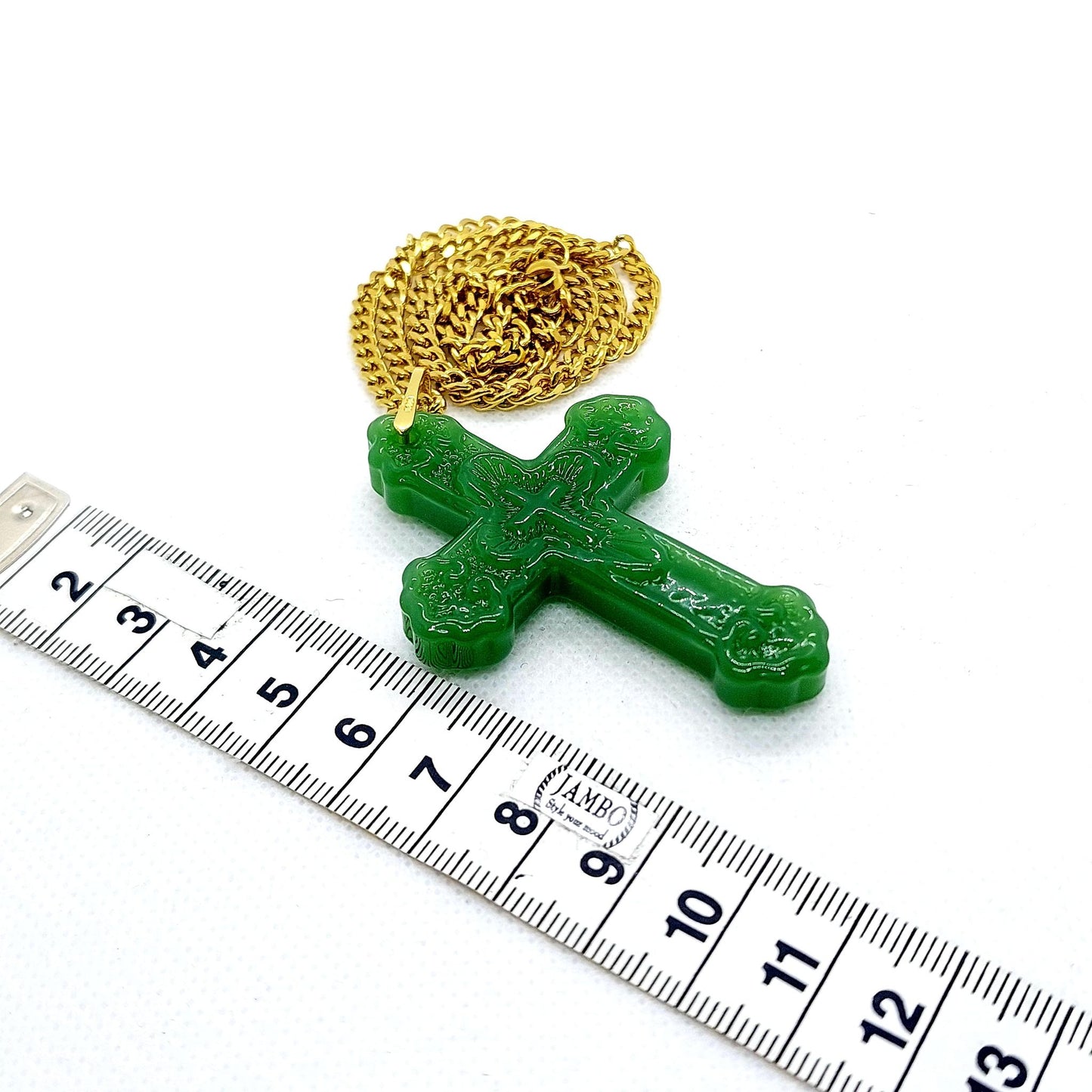 Natural Chinese Translucent Jade Cross Pendant with Gold Plated Stainless Steel Chain Necklace