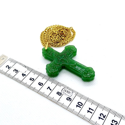 Natural Chinese Translucent Jade Cross Pendant with Gold Plated Stainless Steel Chain Necklace