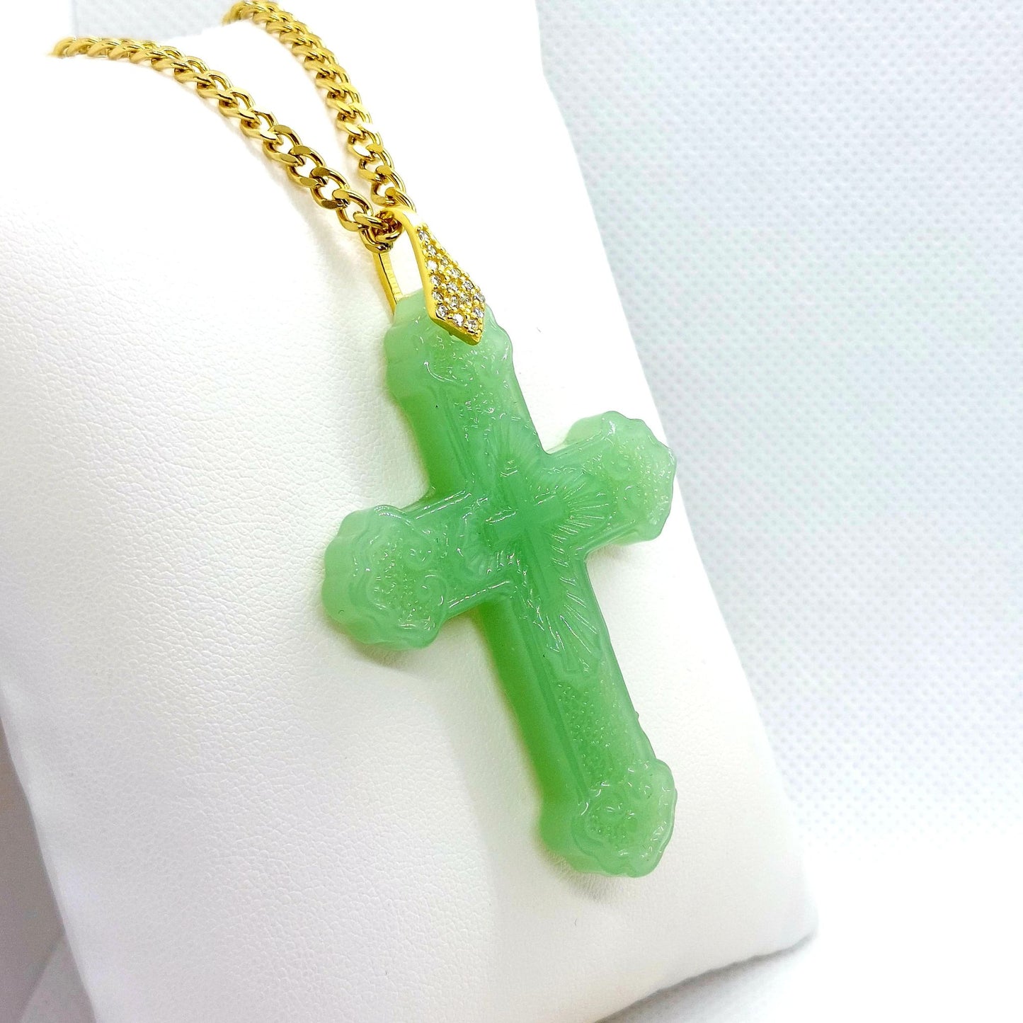 Natural Chinese Translucent Jade Cross Pendant with Gold Plated Stainless Steel Chain Necklace