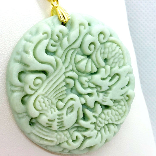 Natural Chinese Lantian Green Jade Pendant - Stainless Steel Chain Necklace