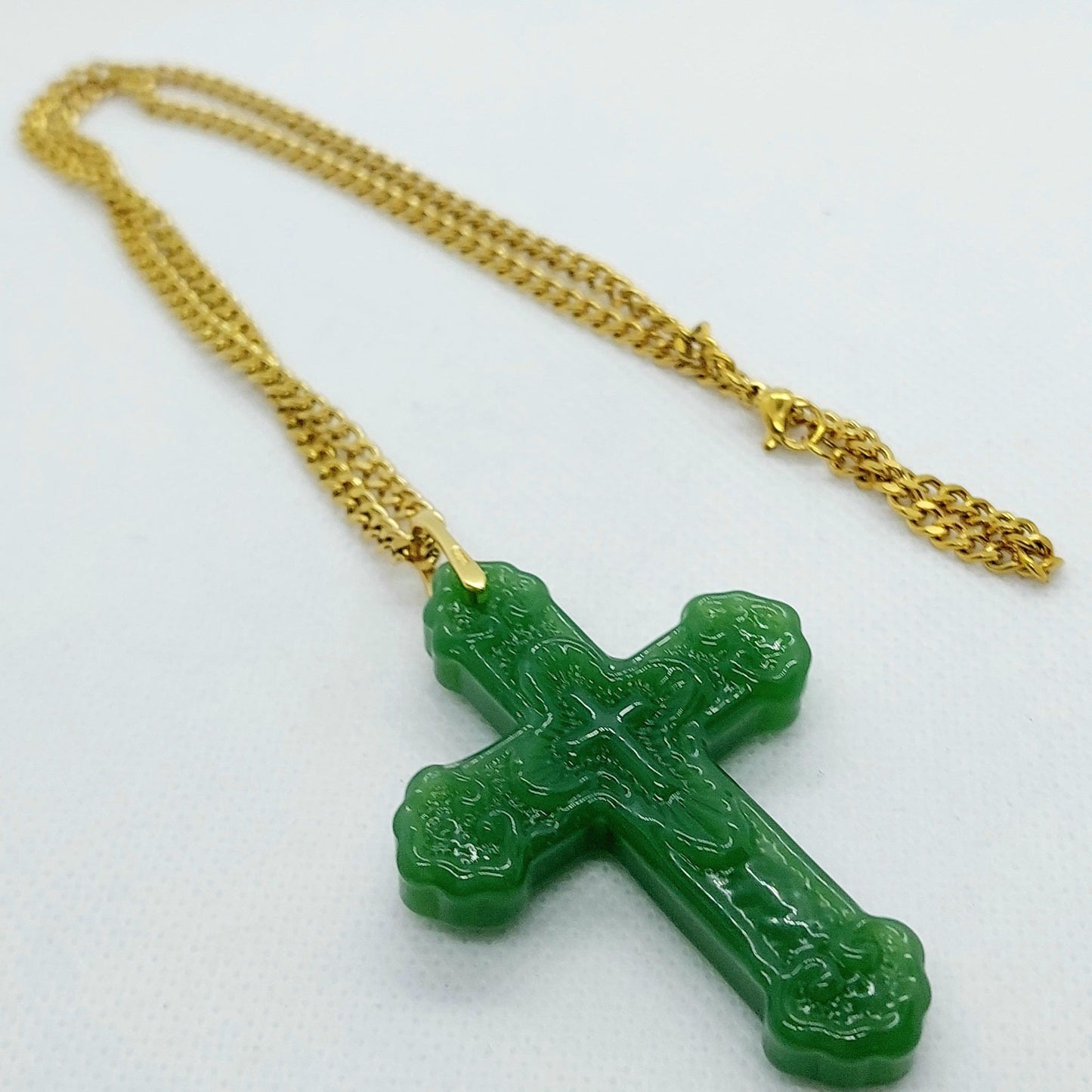 Natural Chinese Translucent Jade Cross Pendant with Gold Plated Stainless Steel Chain Necklace