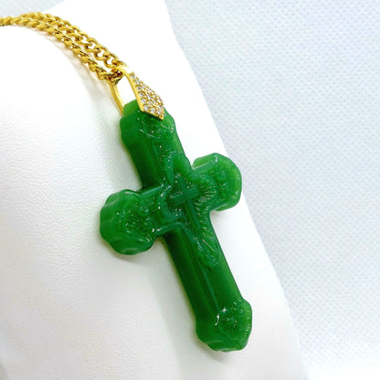 Natural Chinese Translucent Jade Cross Pendant with Gold Plated Stainless Steel Chain Necklace