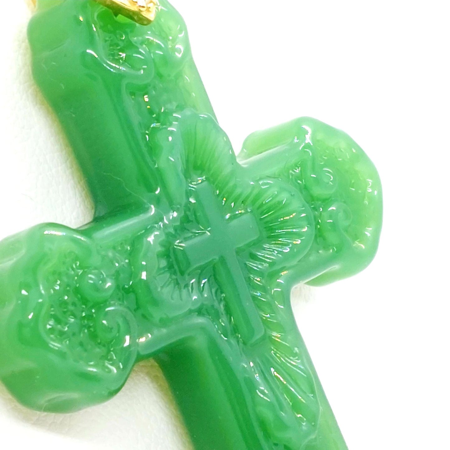 Natural Chinese Translucent Jade Cross Pendant with Gold Plated Stainless Steel Chain Necklace