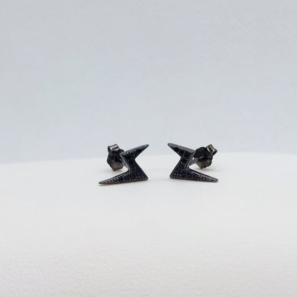 Black Lightning Bolt Stud Earrings - Sterling Silver