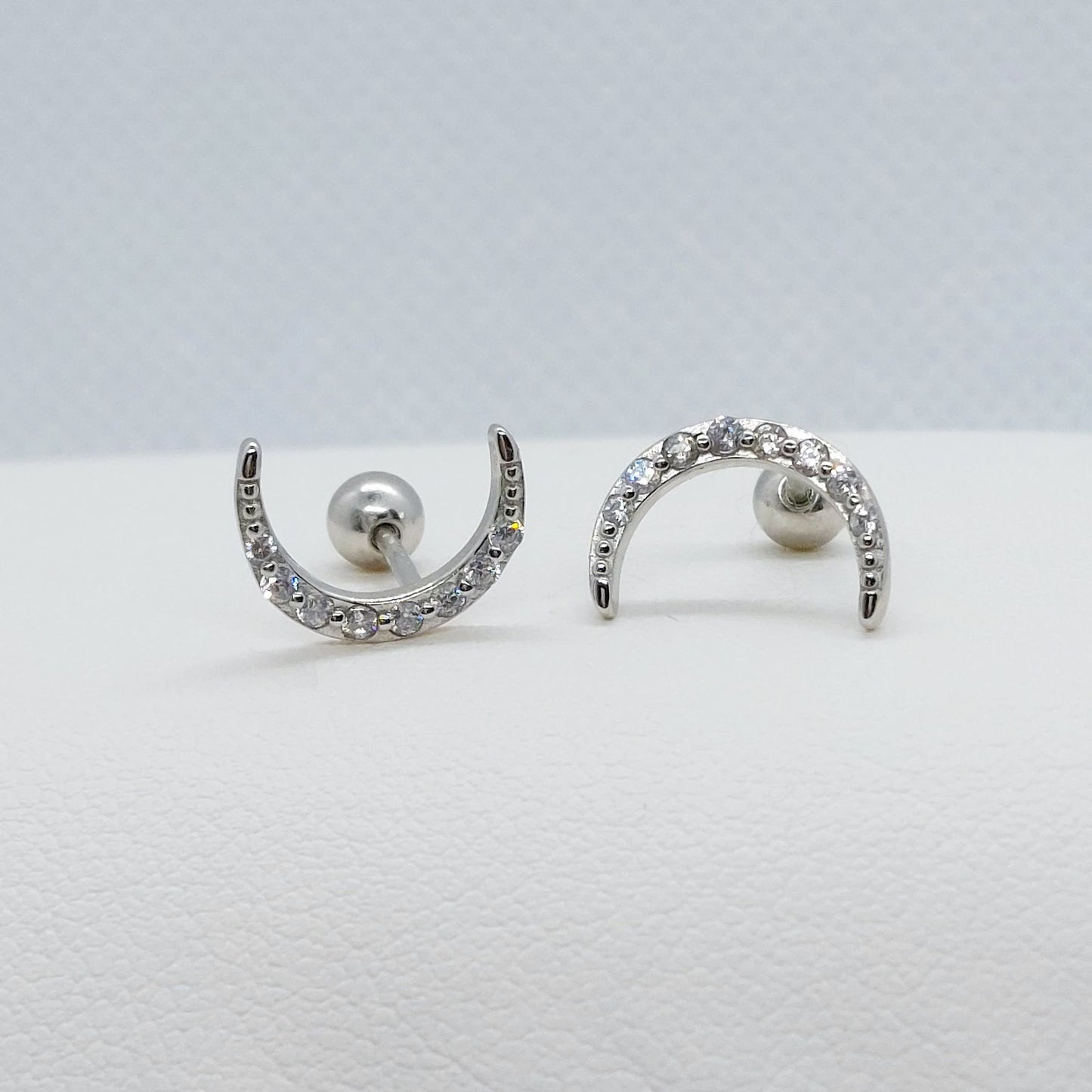 Half Moon with Zircon Stud Earrings - Sterling Silver