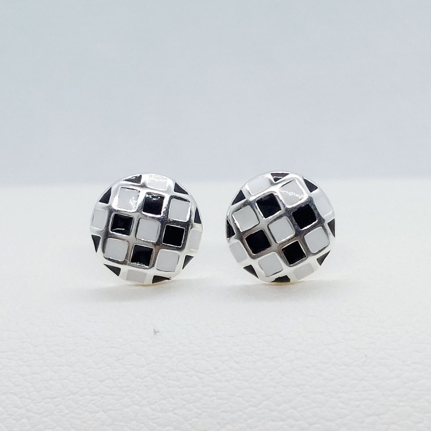 Round Black & White Checkered Stud Earrings - Sterling Silver