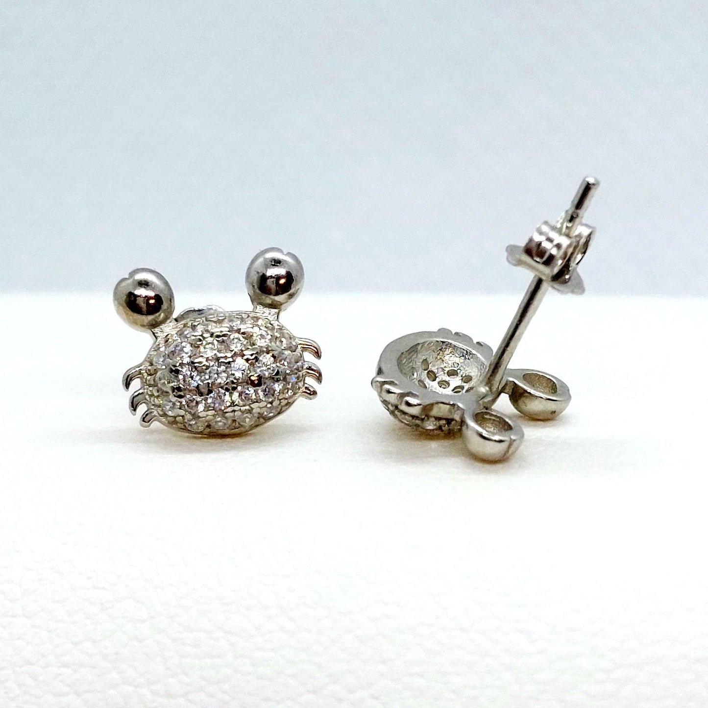 Crab with Zircon Stud Earrings - Sterling Silver