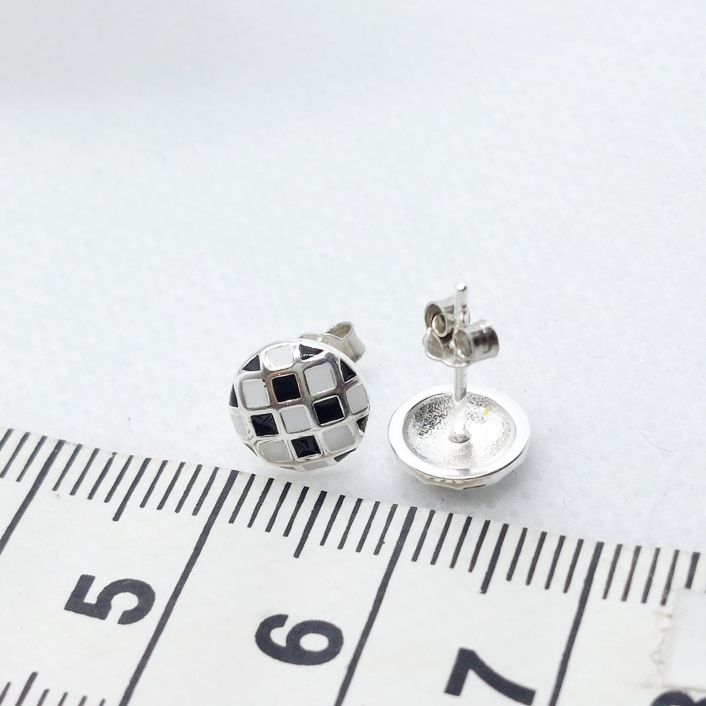 Round Black & White Checkered Stud Earrings - Sterling Silver