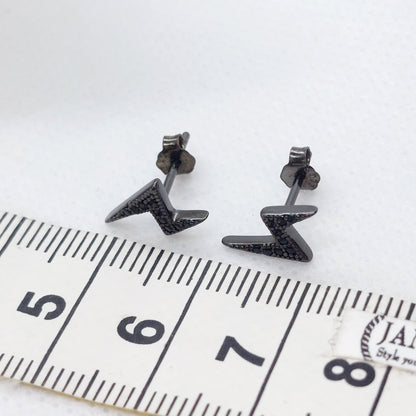 Black Lightning Bolt Stud Earrings - Sterling Silver