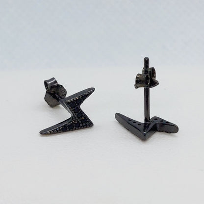 Black Lightning Bolt Stud Earrings - Sterling Silver