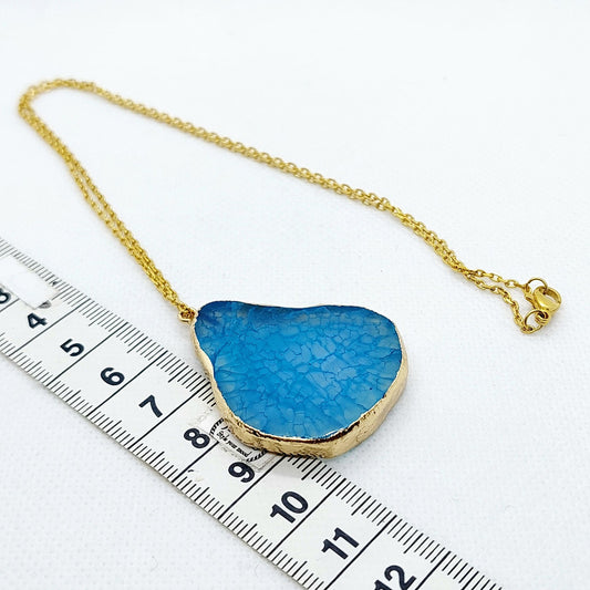 Natural Blue Agate Pendant - Stainless Steel Gold Plated Necklace Chain