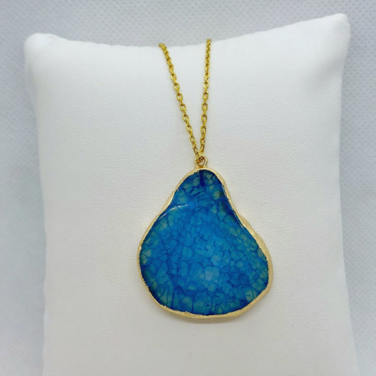 Natural Blue Agate Pendant - Stainless Steel Gold Plated Necklace Chain