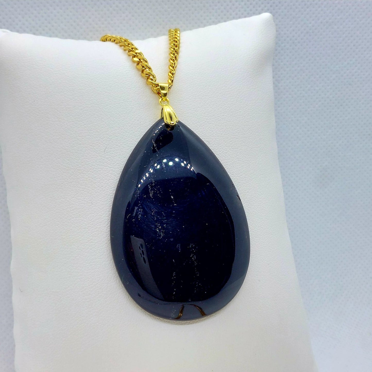 Natural Black Onyx Teardrop Pendant - Stainless Steel Gold Plated Necklace Chain