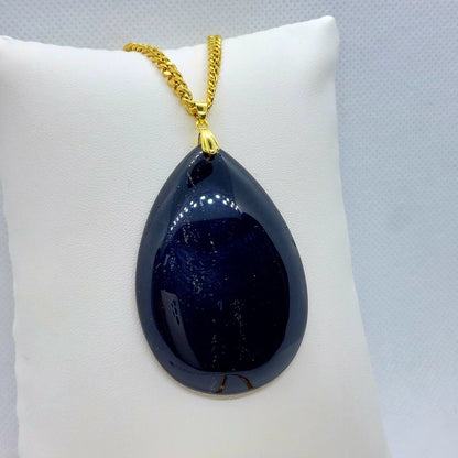 Natural Black Onyx Raindrop Pendant with Stainless Steel Gold Plated Necklace Chain