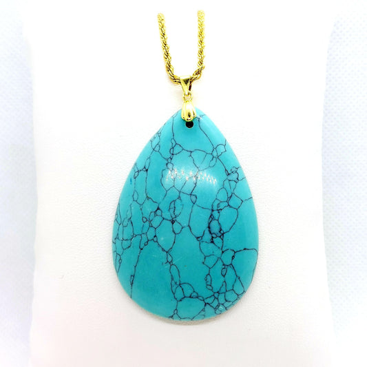 Natural Turquoise Teardrop Pendant - Stainless Steel Gold Plated Necklace Chain