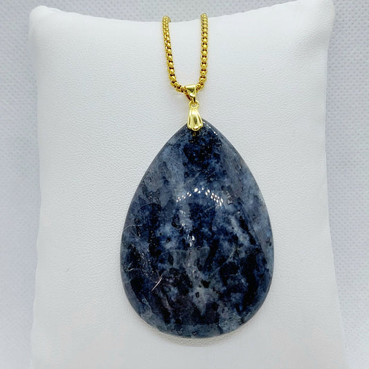 Natural Labradorite Teardrop Pendant - Stainless Steel Gold Plated Necklace Chain