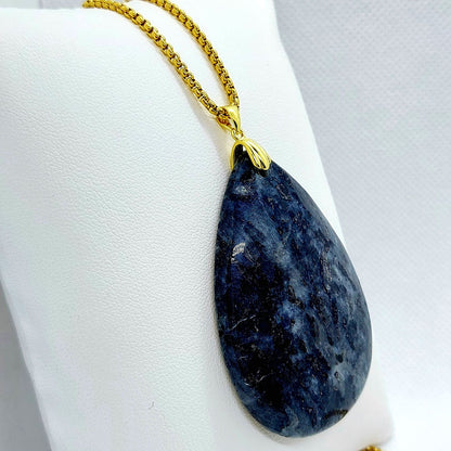 Natural Labradorite Raindrop Pendant with Stainless Steel Gold Plated Necklace Chain
