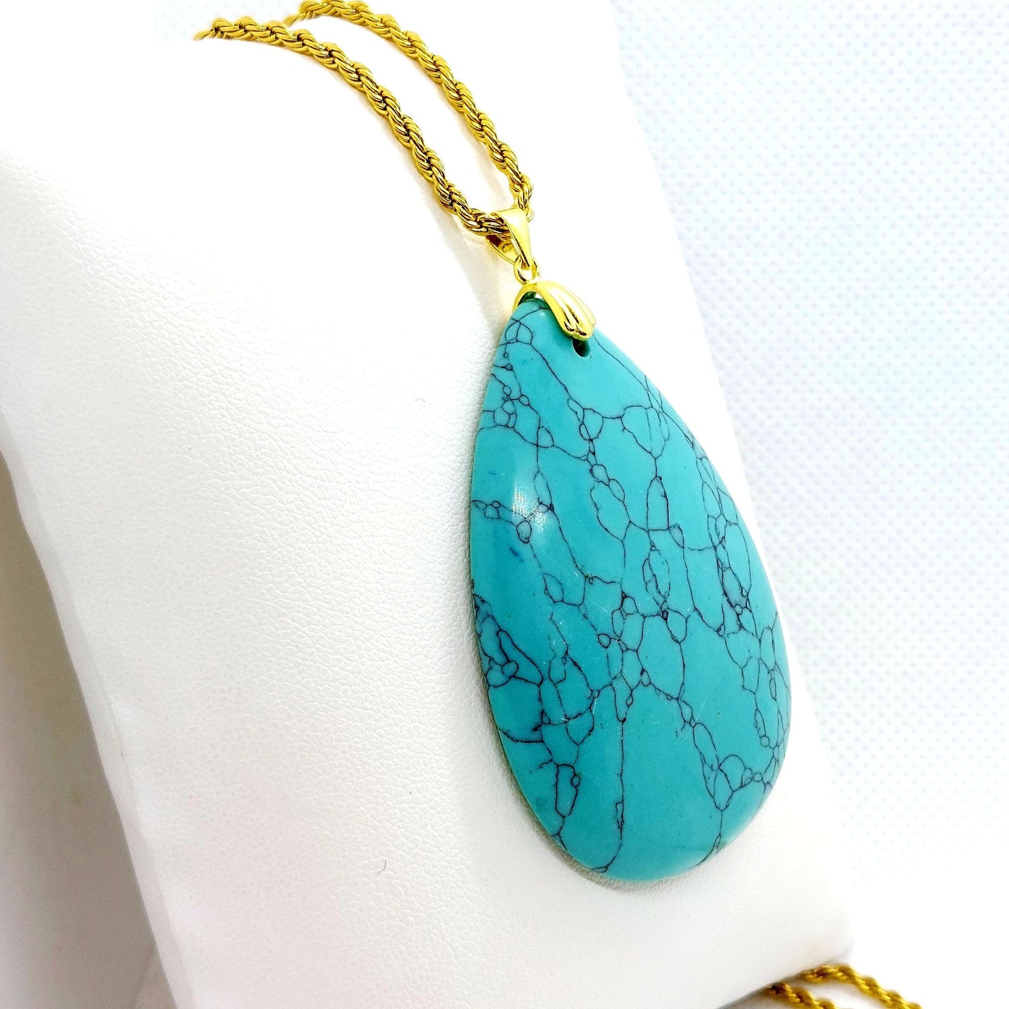 Natural Turquoise Teardrop Pendant - Stainless Steel Gold Plated Necklace Chain