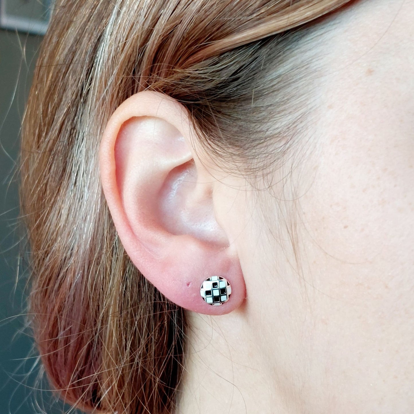 Round Black & White Checkered Stud Earrings - Sterling Silver