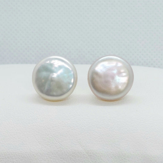 Natural Baroque Button Pearl Stud Earrings - 16mm - Sterling Silver