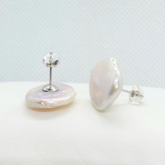 Natural Baroque Button Pearl Stud Earrings - 17mm - Sterling Silver