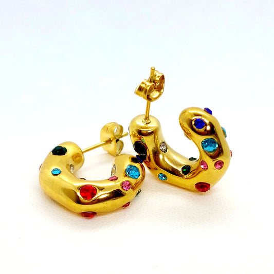 Colorful Zircon Hoop Stud Earrings - Stainless Steel Gold Plated