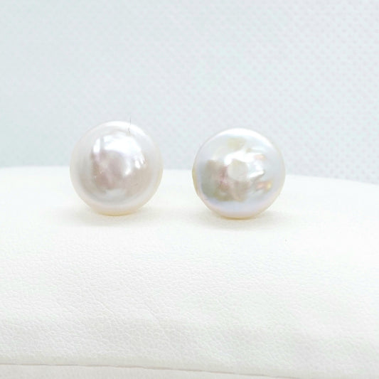 Natural Baroque Button Pearl Stud Earrings - 14mm - Sterling Silver
