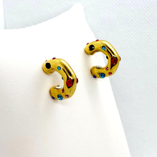 Colorful Zircon Hoop Stud Earrings - Stainless Steel Gold Plated