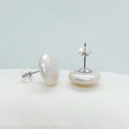 Natural Baroque Button Pearl Stud Earrings - 14mm - Sterling Silver