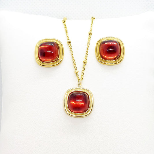 Red Crystal Set - Stainless Steel Gold Plated
