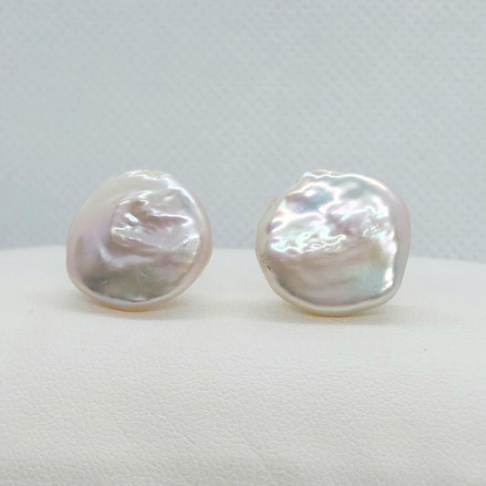 Natural Baroque Button Pearl Stud Earrings - 17mm - Sterling Silver