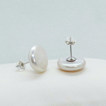 Natural Baroque Button Pearl Stud Earrings - 16mm - Sterling Silver