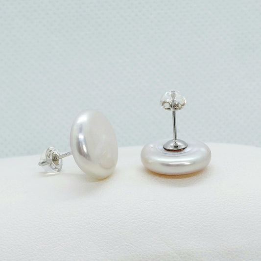 Natural Baroque Button Pearl Stud Earrings - 16mm - Sterling Silver