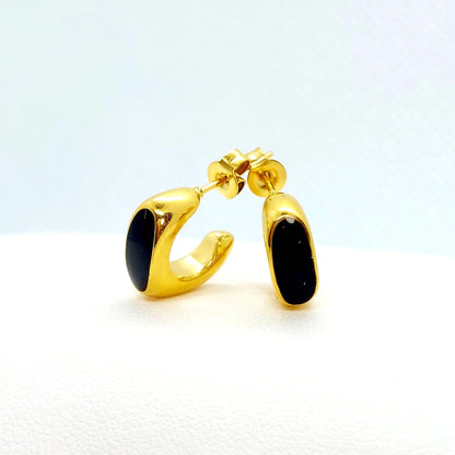 Black Enamel Stainless Steel Stud Earrings - Gold Plated