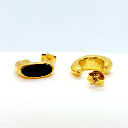 Black Enamel Stainless Steel Stud Earrings - Gold Plated