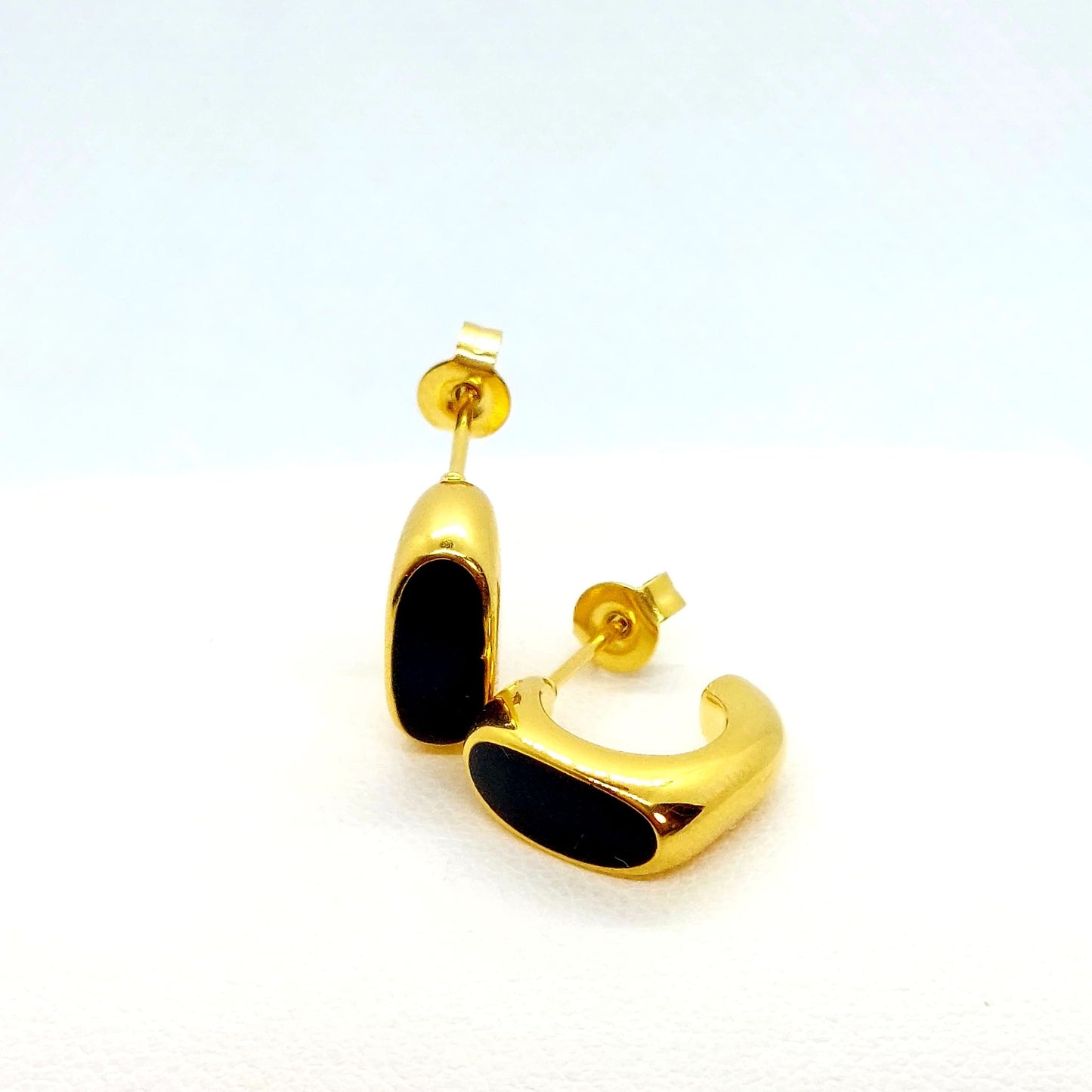 Black Enamel Stainless Steel Stud Earrings - Gold Plated