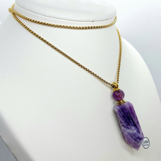 Natural Amethyst Perfume Bottle Pendant - Stainless Steel Chain Necklace