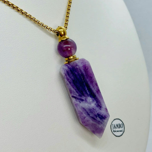 Natural Amethyst Perfume Bottle Pendant - Stainless Steel Chain Necklace