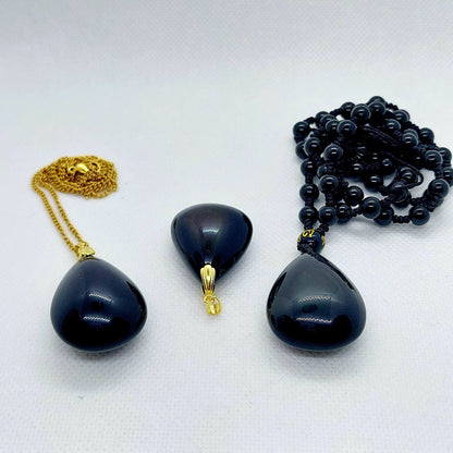 Natural Rainbow Obsidian Stone Pendant - Stainless Steel Gold Plated Chain Necklace