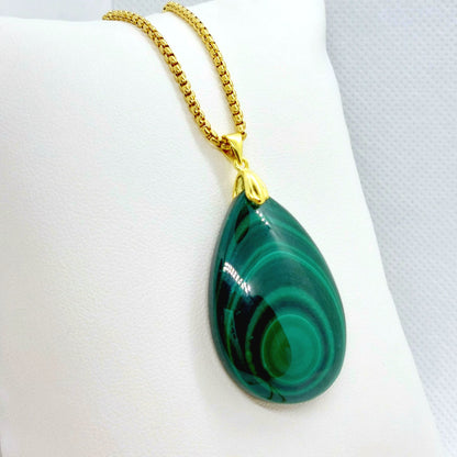 Natural Malachite Pendant - Stainless Steel Chain Necklace