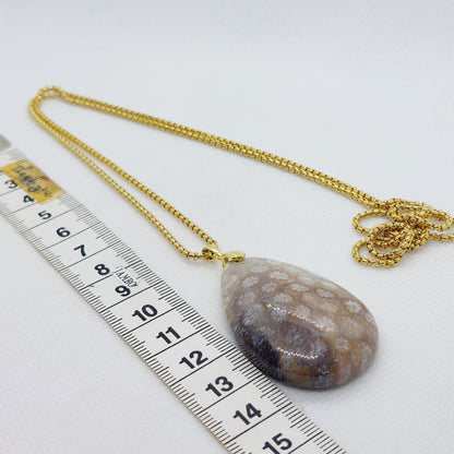 Natural White Chrysantemum Stone Pendant - Stainless Steel Chain Necklace