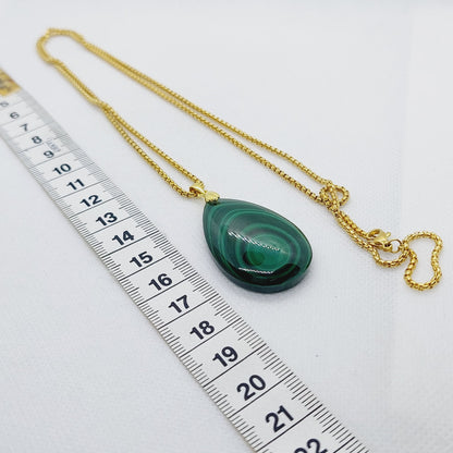 Natural Malachite Pendant - Stainless Steel Chain Necklace