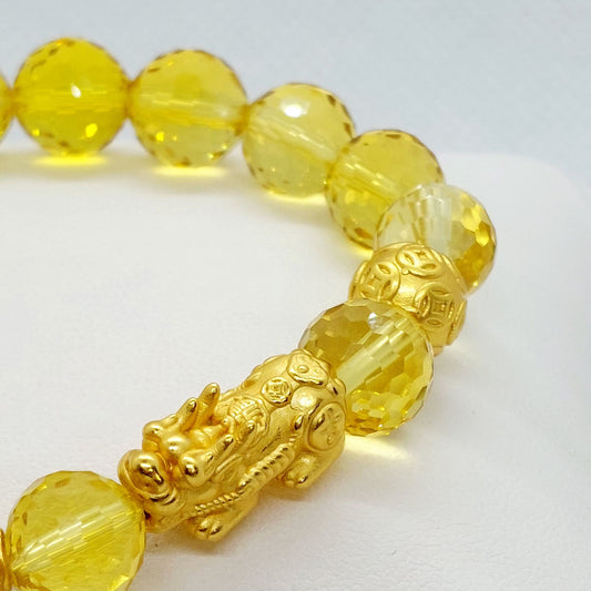 Natural Faceted Citrine with Silver Pixiu - 10mm - Feng Shui